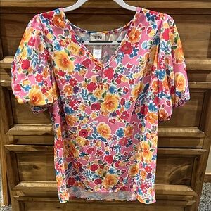BiBi Pink Floral V-Neck Puff Sleeve Blouse with Yellow & Blue Accents